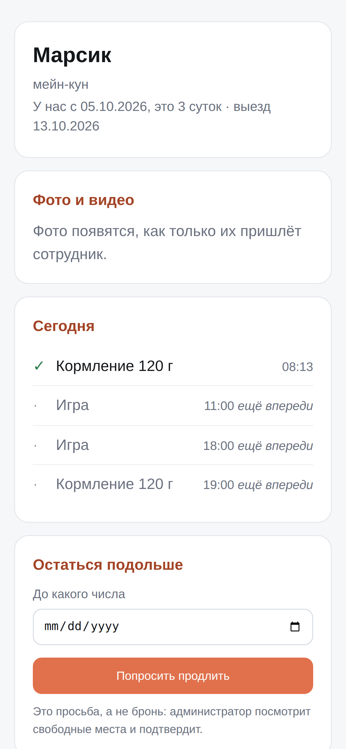 Страница владельца кота на телефоне